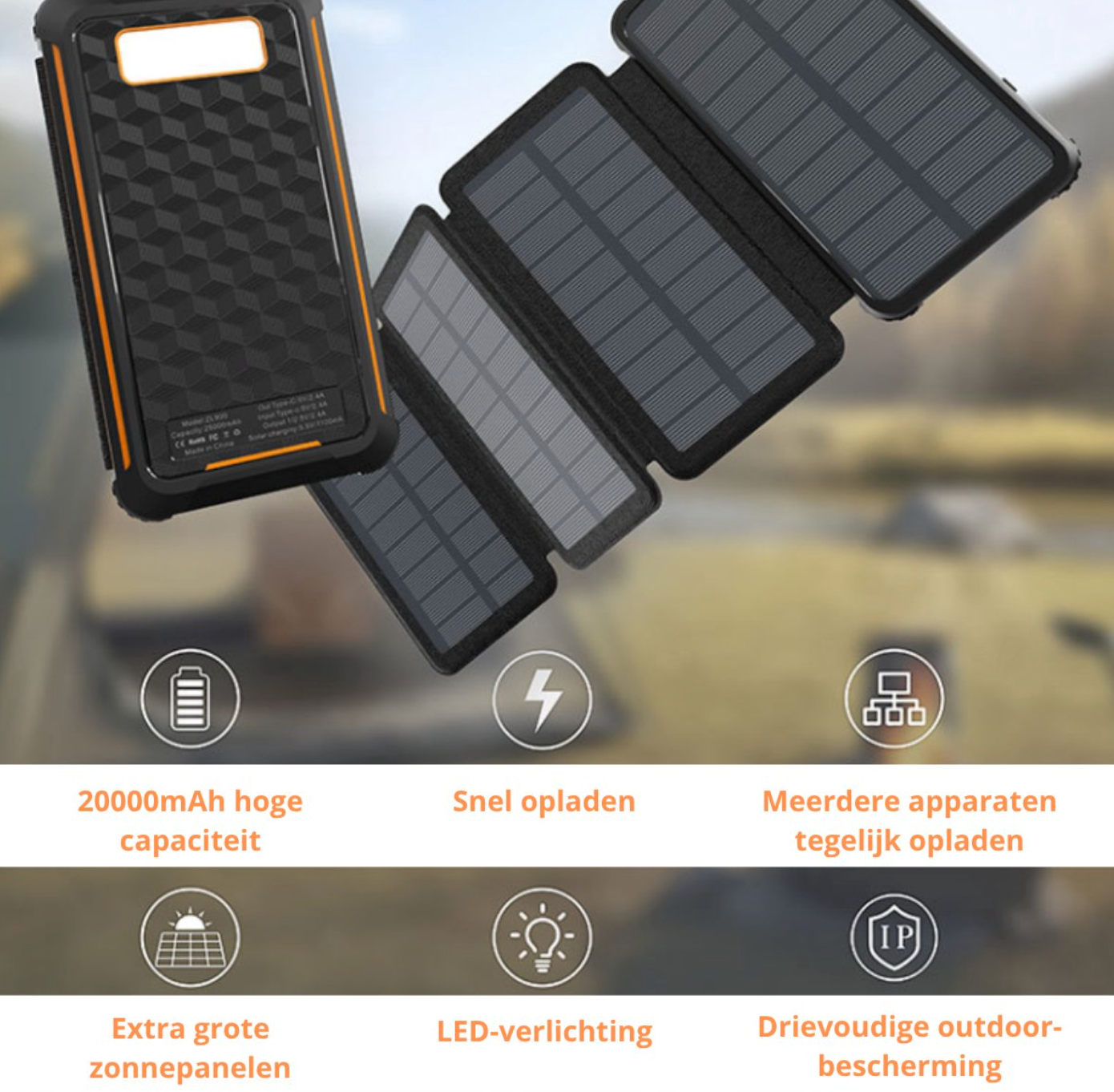 Solar Powerbank 20.000mAh – 4 Zonnepanelen